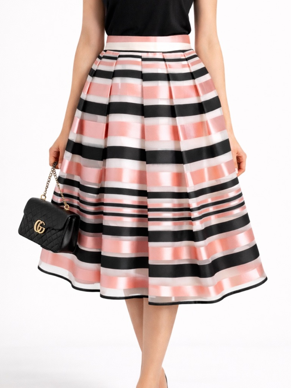 Pink Tartan Satin Stripe Full Skirt